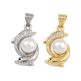 Латунные микро проложить кубического циркония подвески, с ABS имитации жемчуга, дельфин, стойки покрытие, долговечный, без свинца и без кадмия