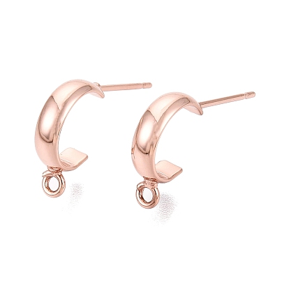 Brass Stud Earring Findings, Half Hoop Earrings, with Loop and Steel Pins, Long-Lasting Plated, Real Rose Gold Plated