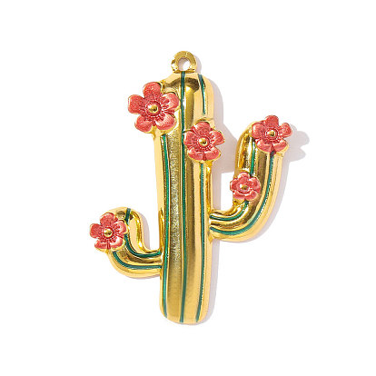 304 Stainless Steel Enamel Pendants, Cactus Charms, Ion Plating(IP), Real 18K Gold Plated