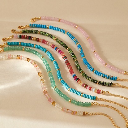 Handmade Gemstone Rondelle Beaded Bracelets with 304 Stainless Steel End Chains, Real 18K Gold Plated