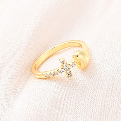 Латунные кольца-манжеты с микропаве и прозрачным цирконием для женщин, сердце и крест, стойки покрытие, без кадмия и без свинца, прочное покрытие