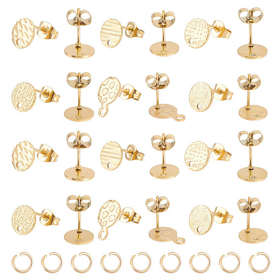 24 шт. 6 стиль ионное покрытие (IP) 304 плоские круглые выводы из нержавеющей стали, с ушными гайками / серьгами и отверстием, с 24 открытыми соединительными кольцами