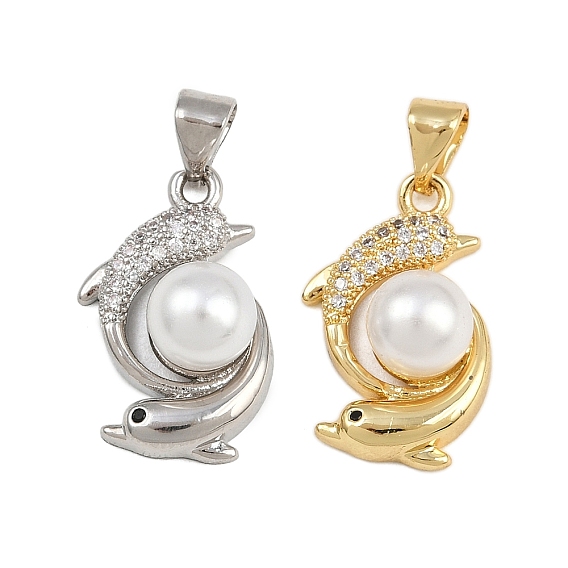 Латунные микро проложить кубического циркония подвески, с ABS имитации жемчуга, дельфин, стойки покрытие, долговечный, без свинца и без кадмия