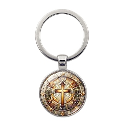 Alloy with Glass Pendant Keychain, Flat Round with Cross Pattern