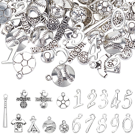 130Pcs 9 Styles Tibetan Style Alloy Sports Theme Charms, Baseball & Soccer Ball & T-Shirt & Number 0~9 & Baseball Bat & Word