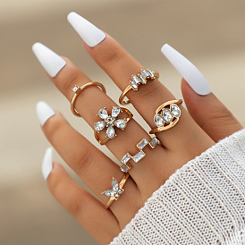 Sparkling Butterfly and Floral Diamond Ring Set - 6-Piece Geometric Alloy Collection