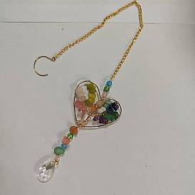 Colgante de árbol con forma de corazón de piedra preciosa natural envuelto en alambre, Con dije de lágrima de cristal 304 Ganchos de acero inoxidable