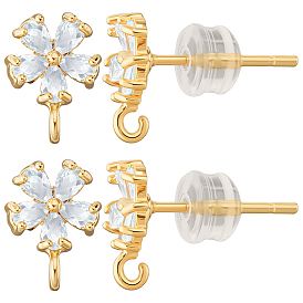 5 пара латунных серег-гвоздиков с микропаве из кубического циркония, с петлей, с 10 силиконовыми ушными гайками, цветок