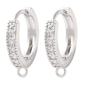 Anti-Tarnish Rhodium Plated 925 Sterling Silver Huggie Hoop Earring Findings, with Loop and Cubic Zirconia