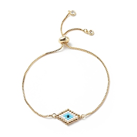 Japanese Seed Braided Rhombus with Evil Eye Link Slider Bracelet, Cubic Zirconia Tiny Charms Adjustable Bracelet with Brass Box Chains for Women