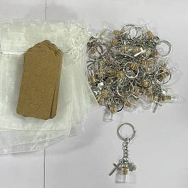 108Pcs Glass Bottle & Alloy Keychain, Cross, with Iron Rings and Paper Card and Organza Gift Bags