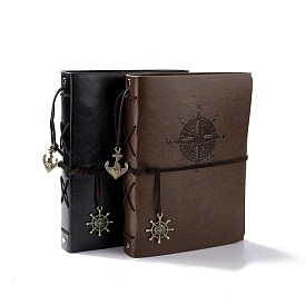 DIY Travel PU Leather Scrapbook Photo Album, Vintage Loose-Leaf Memory Book, with Zinc Alloy Anchor & Helm Pendants and 60 Black Pages, for Travel Graduation Self-adhesive Picture, Compass Pattern