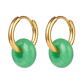Rondelle Natural Malaysia Jade Beded Hoop Earrings, 304 Stainless Steel Jewelry for Women