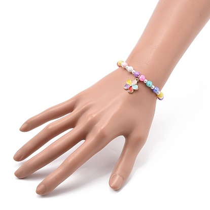 5Pcs 5 Style Round & Heart & Clover Beaded Bracelets Set, Alloy Enamel Flower & Rainbow Charms Stackable Bracelets for Girls