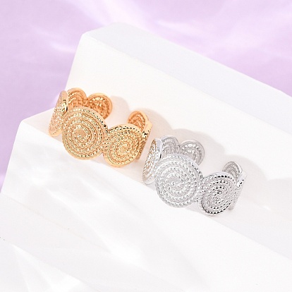 304 Stainless Steel Cuff Open Rings, Flat Round with Spiral Pattern