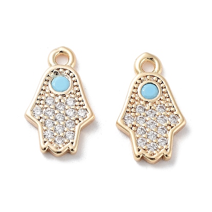 Brass Micro Pave Clear Cubic Zirconia Charms, with Glass, Hamsa Hand Charms