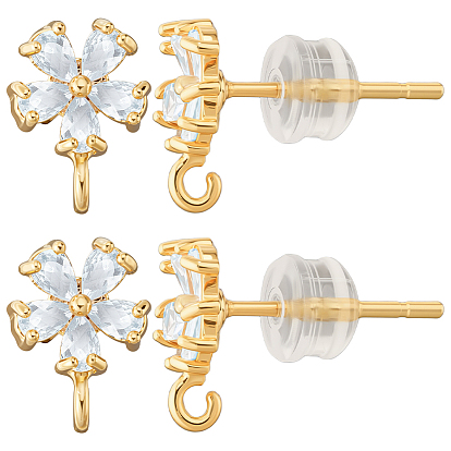 5 пара латунных серег-гвоздиков с микропаве из кубического циркония, с петлей, с 10 силиконовыми ушными гайками, цветок