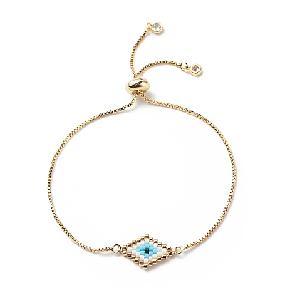 Japanese Seed Braided Rhombus with Evil Eye Link Slider Bracelet, Cubic Zirconia Tiny Charms Adjustable Bracelet with Brass Box Chains for Women