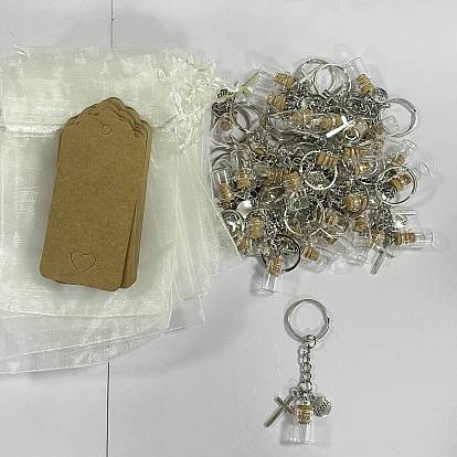 108Pcs Glass Bottle & Alloy Keychain, Cross, with Iron Rings and Paper Card and Organza Gift Bags