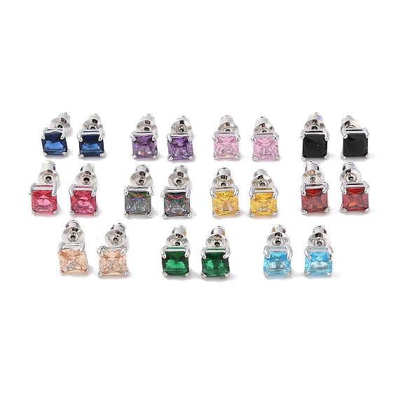 Серьги-гвоздики из латуни с микропаве из кубического циркония, долговечный, квадратный, платина