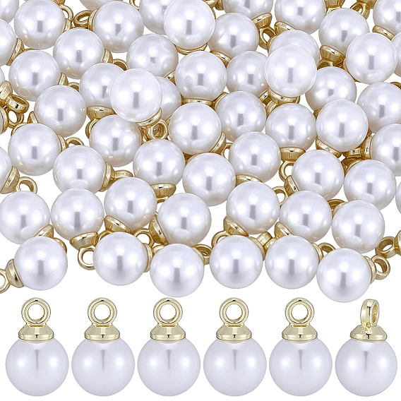 100Pcs ABS Plastic Imitation Pearl Pendants, with Brass Findings, Round