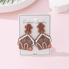 Рождественские акриловые серьги-гвоздики с блестками в виде домика для женщин