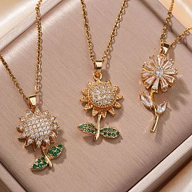 Brass Pave Cubic Zirconia Rotating Sunflower Pendant Necklaces Hip-hop Style Cable Chain Necklaces