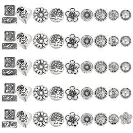 80шт. 10 стили 1-отверстие пуговицы из сплава на хвостовике, античное серебро