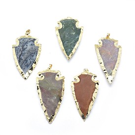 Natural Indian Agate Pendants, with Brass Findings, Arrowhead