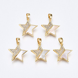 Brass Micro Pave Clear Cubic Zirconia Pendants, with White Sea Shell, Nickel Free, Star
