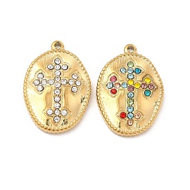 Vacuum Plating 201 Stainless Steel with Rhinestone Pendants, Real 18K Gold Plated, Oval with Cross Pattern Charms
