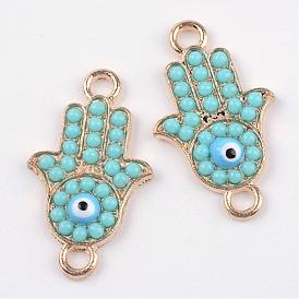 Alloy Resin Links Connectors, Hamsa Hand/Hand of Fatima /Hand of Miriam with Evil Eye, 23.5x13.5x3mm, Hole: 2mm