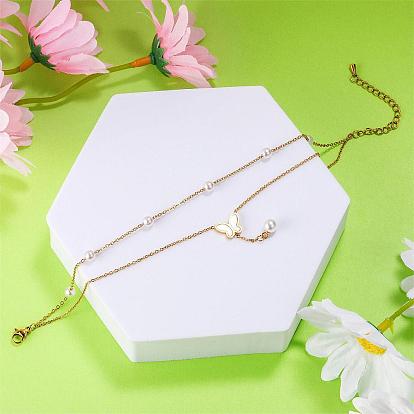 Double Layered Chain Butterfly Anklet Imitation Pearl Butterfly with Beaded Charms Anklet Summer Beach Dainty Jewelry Gift for Women