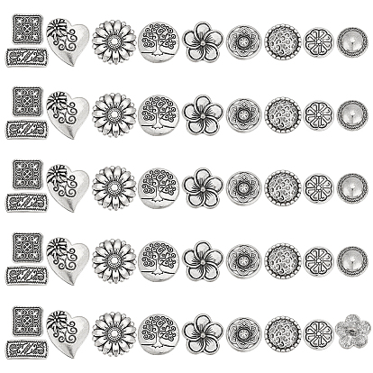 80шт. 10 стили 1-отверстие пуговицы из сплава на хвостовике, античное серебро