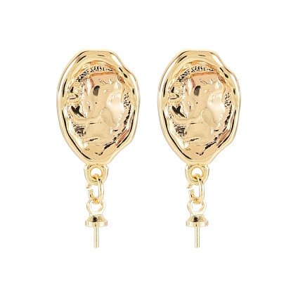 Rack Plating Brass Stud Earring Findings, with 925 Sterling Silver Pins and Cup Peg Bails, for Half Drilled Bead, Nickel Free, Oval