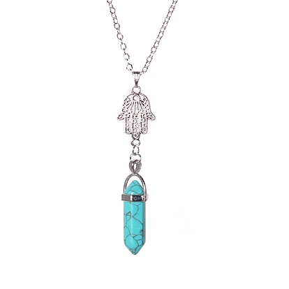 Aolly Hamsa Hand & Natural & Synthetic Mixed Stone Bullet Pendant Necklace
