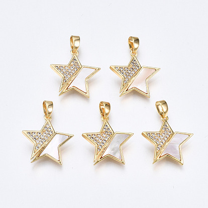 Brass Micro Pave Clear Cubic Zirconia Pendants, with White Sea Shell, Nickel Free, Star