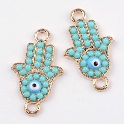 Alloy Resin Links Connectors, Hamsa Hand/Hand of Fatima /Hand of Miriam with Evil Eye, 23.5x13.5x3mm, Hole: 2mm