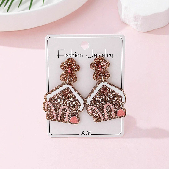 Рождественские акриловые серьги-гвоздики с блестками в виде домика для женщин