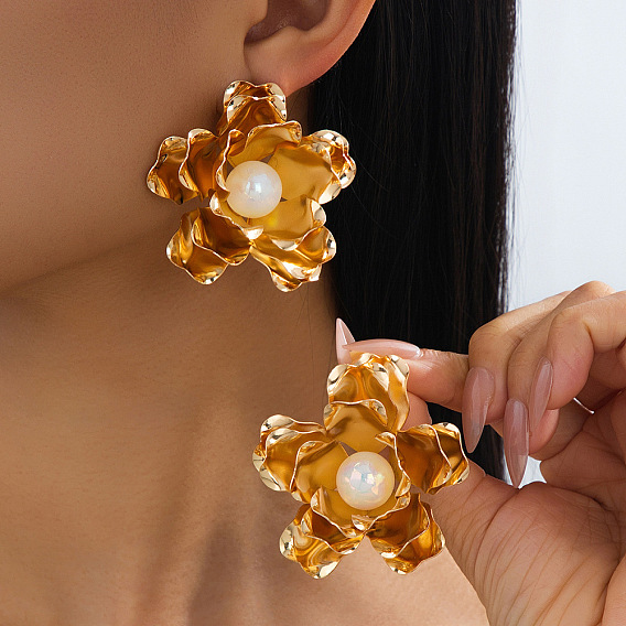 Boucles d'oreilles puces en fer et perles de plastique pour femmes, fleur