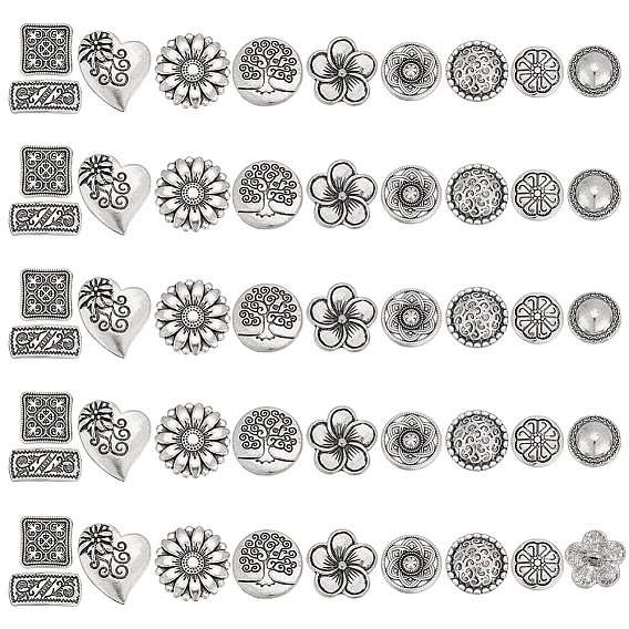 80шт. 10 стили 1-отверстие пуговицы из сплава на хвостовике, античное серебро