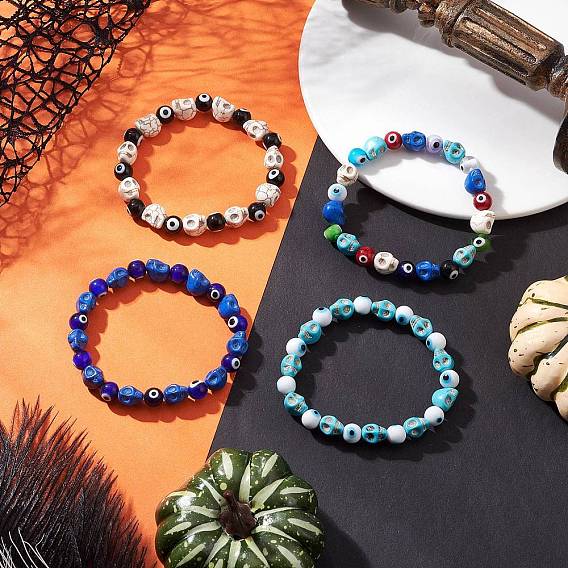 4Pcs 4 Colors Halloween Dyed Synthetic Turquoise Skull & Lampwork Evil Eye Round Beaded Stretch Bracelet Sets for Women Men