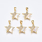 Brass Micro Pave Clear Cubic Zirconia Pendants, with White Sea Shell, Nickel Free, Star