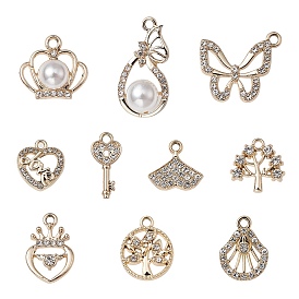 10Pcs 10 Style UV Plating Alloy Pendants, with Crystal Rhinestone and ABS Plastic Imitation Pearl, Skeleton Key & Heart & Tree & Fishtail & Crown & Shell Charms