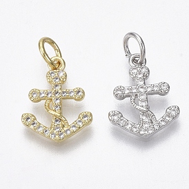 Brass Micro Pave Cubic Zirconia Charms, with Jump Ring, Nickel Free, Anchor, Clear