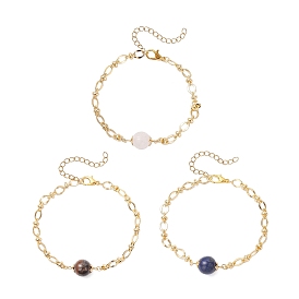 3комплекты браслетов-цепочек из натурального розового кварца, тигрового глаза, лазурита и латуни