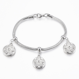304 Stainless Steel Charm Bracelets, for Bracelet Making, Flat Round with Flower