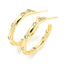 Rack Plating Brass C Shape Stud Earrings with Clear Cubic Zirconia, Half Hoop Earrings for Women, Cadmium Free & Lead Free, Long-Lasting Plated