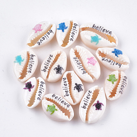 Printed Cowrie Shell Beads, No Hole/Undrilled, Sea Turtle & Believe Pattern