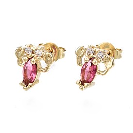 Brass Micro Pave Cubic Zirconia Stud Earrings, with Ear Nuts, Lobster, Cadmium Free & Nickel Free & Lead Free, Real 16K Gold Plated